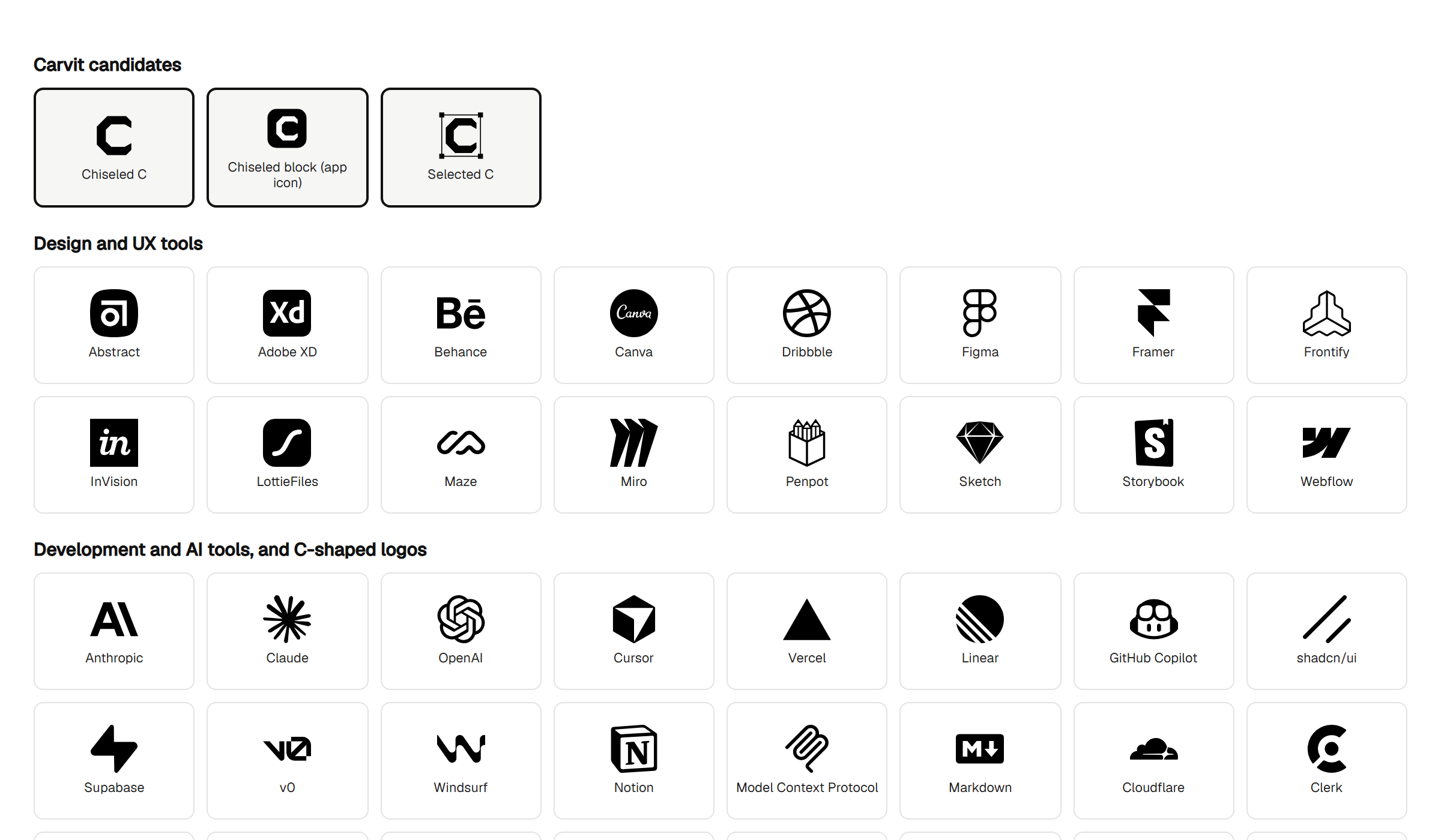 A grid of 40 logos at one size and colour, with three Carvit candidates outlined